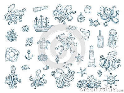 Marine illustrations. Octopus nautical set wild squid shells monster kraken vector hand drawn collection Vector Illustration