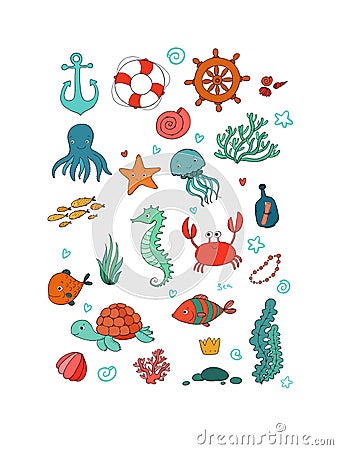 Marine illustrations set. Little cute cartoon funny fish, starfish, bottle with a note, algae, various shells and crab Vector Illustration