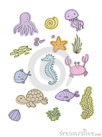 Marine illustrations set. Little cute cartoon funny fish, starfish, bottle with a note, algae, various shells and crab Vector Illustration