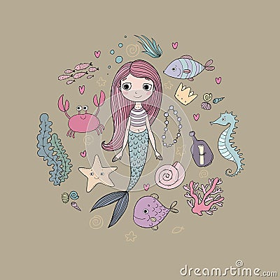 Marine illustrations set. Little cute cartoon mermaid, funny fish, starfish, bottle with a note, algae, various shells Vector Illustration