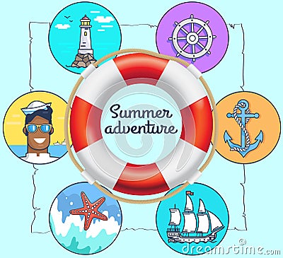 Inflatable lifebuoy surrounded by nautical symbols. Vacation at sea, sailing on ocean, recreation Vector Illustration