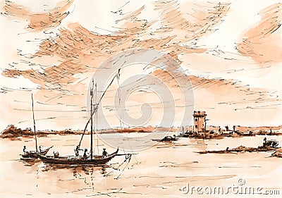 Marine landscape with fishing boats Stock Photo