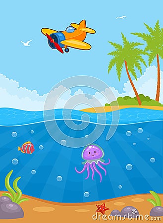 Marine landscape. Flying airplane Vector Illustration