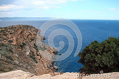 Cape Sounion on the southern coast of mainland Greece. 06. 20. 2014. Marine landscape from the cliff height of Cape Sounion, where Stock Photo