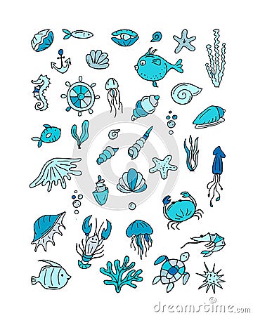 Marine life, collection of sketches for your design Vector Illustration