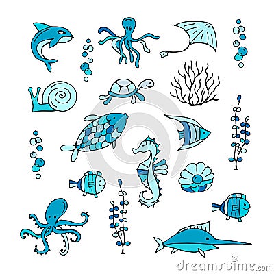 Marine life, collection of sketches for your design Vector Illustration