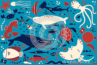 Marine life doodle set Vector Illustration