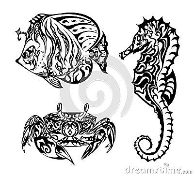 Marine Life in Doodling Style Vector Illustration