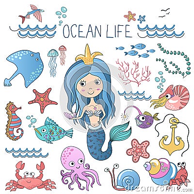 Marine life illustrations set. Little cute cartoon mermaid princess siren with sea ocean fishes and others animals. Vector Illustration