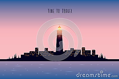marine life lighthouse seascape on city background Vector Illustration