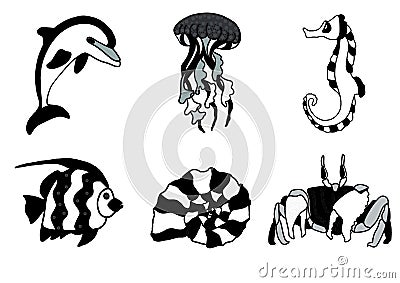 Marine life monochrome set with dolphin, jellyfish, seahorse, fish, seashell and crab. Cartoon Illustration