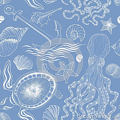 Marine life seamless pattern. Seashell, turtle, octopus. Ocean Stock Photo