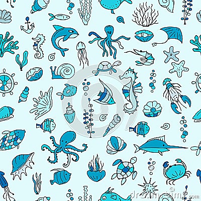 Marine life, seamless pattern for your design Vector Illustration