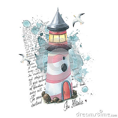A marine lighthouse on a background of watercolor spots and splashes, letters in English about the Atlantic, with flying Cartoon Illustration