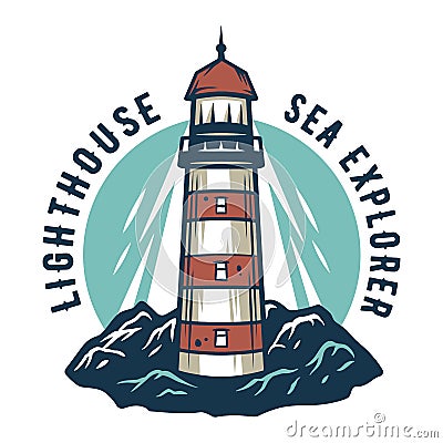 Marine lighthouse at mountain. Nautical sea art Vector Illustration