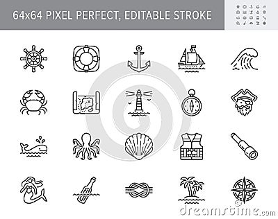 Marine line icons. Vector illustration included icon as anchor, sea wave, message in a bottle, rope, sailor, lighthouse Vector Illustration