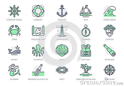 Marine line icons. Vector illustration included icon as anchor, sea wave, message in a bottle, rope, sailor, lighthouse Cartoon Illustration