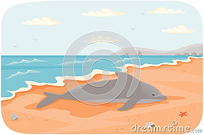 Marine mammal living in water vector illustration. Dolphin lies on sandy beach near ocean Vector Illustration