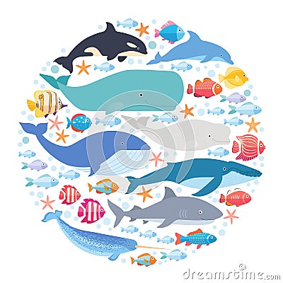 Marine mammals and fishes set in circle. Narwhal, blue whale, dolphin, beluga whale, humpback whale, bowhead and sperm Vector Illustration