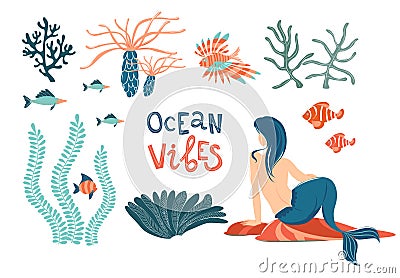 Marine mermaid life flat vector set. Ocean vibes lettering Vector Illustration