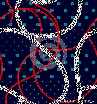Marine mood ofl summer rope and chain prints on polka dots seamless pattern in vector design for fashion,fabric,web,wallpaper Vector Illustration