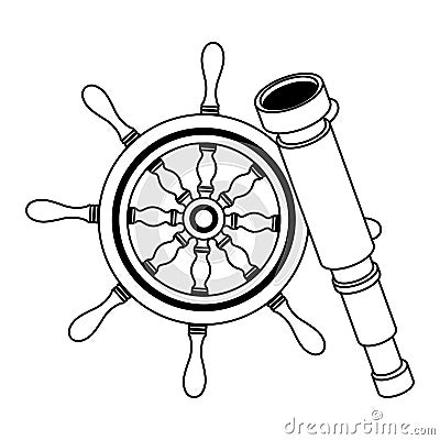 Marine navigation helm and telescope Vector Illustration