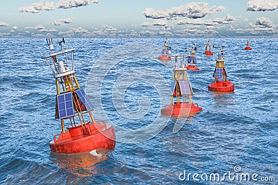 Marine navigational buoys in the open sea, 3D rendering Stock Photo