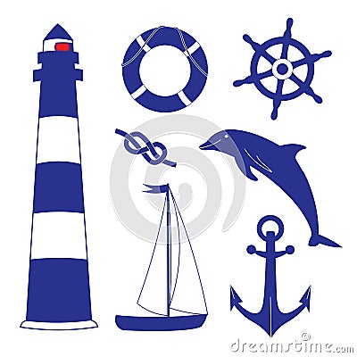 Marine objects. Blue ocean set. Vector Illustration