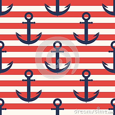 Marine pattern. Anchor, navy seamless pattern with stripes Vector Illustration