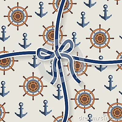 Marine pattern of anchors and steering wheels . Vector Illustration