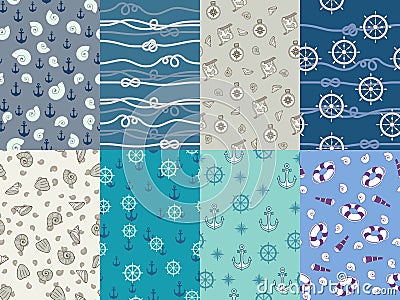 Marine patterns. Navy anchor, blue sea texture and ocean nautical compass seamless pattern vector set Vector Illustration