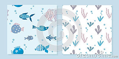 Marine patterns set. Cute cartoon fish and seaweed. Vector Illustration