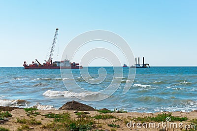 Marine petroleum platform, drilling rig oil rig at sea, a drilling rig in the sea, offshore oil wells Stock Photo