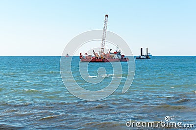 Marine petroleum platform, drilling rig oil rig at sea, a drilling rig in the sea, offshore oil wells Stock Photo