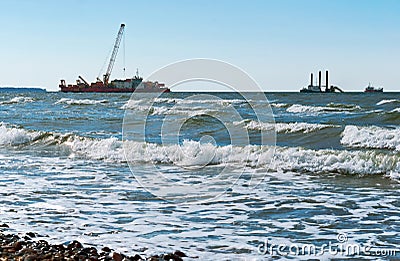 Marine petroleum platform, drilling rig oil rig at sea, a drilling rig in the sea, offshore oil wells Stock Photo