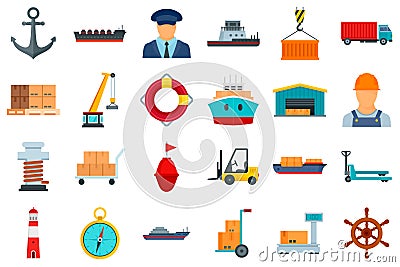 Marine port icons set, flat style Vector Illustration