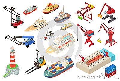 Marine port icons set, isometric style Vector Illustration