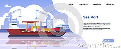 Marine port landing page. Maritime transportation and sea logistic web page with cargo ships and freight vessels. Vector Vector Illustration