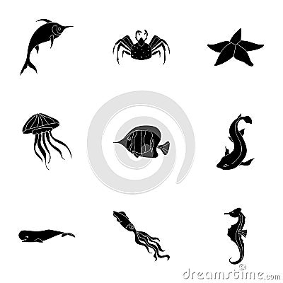 Marine and river inhabitants. Fish, whales, octopuses.Sea animals icon in set collection on black style vector symbol Vector Illustration