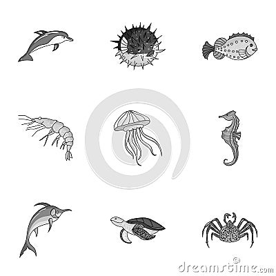 Marine and river inhabitants. Fish, whales, octopuses.Sea animals icon in set collection on monochrome style vector Vector Illustration