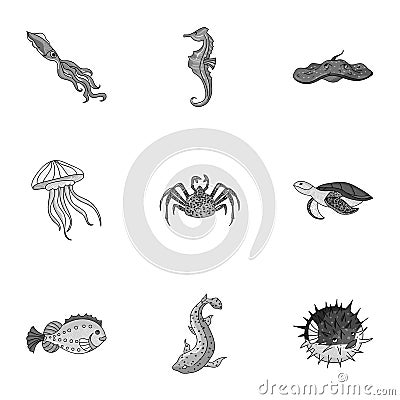 Marine and river inhabitants. Fish, whales, octopuses.Sea animals icon in set collection on monochrome style vector Vector Illustration