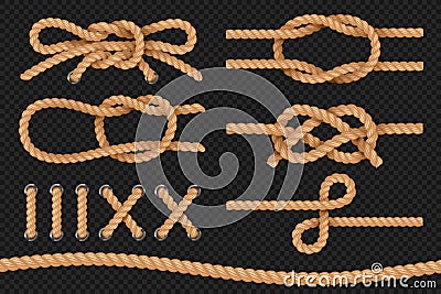 Marine ropes. Cord twisted texture, nautical ropes borders, cordage bowknot. Vector set Vector Illustration