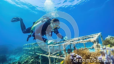 a marine scientist conducting a coral restoration project in a damaged reef ecosystem Stock Photo
