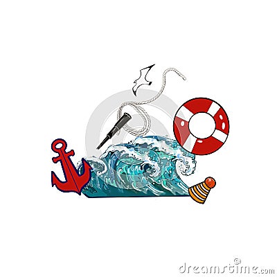 marine, sea set, seagull, lifebuoy, waves, anchor on a white background Stock Photo