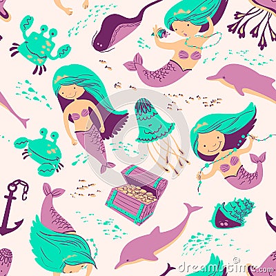 Marine seamless background with mermaid Vector Illustration