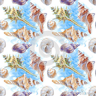 Marine seamless patern of sea shells. Watercolor illustration for textile, greeting cards Cartoon Illustration