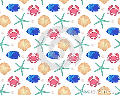 Marine seamless pattern, cartoon style. Underwater world, sea life infinite background. Starfish, shell, fishes Vector Illustration