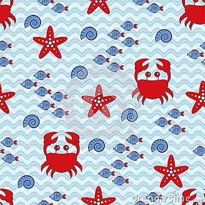 Marine seamless pattern with crab, starfish, shell and fish. Sea and wave theme Vector Illustration