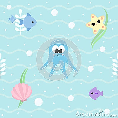 Marine seamless pattern with cute baby sea animals. Ocean background with smiling baby octopus, starfish, seashell, fishes, Vector Illustration