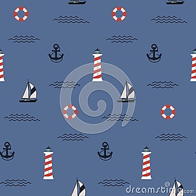 Marine seamless pattern. Lighthouse, sailboat, anchor and lifebuoy on blue background. Color vector illustration for Vector Illustration